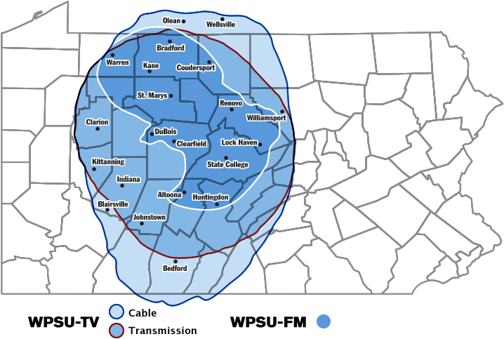 Map of Pennsylvania showing the coverage ranges of WPSU-TV and WPSU-FM through most of central Pennsylvania