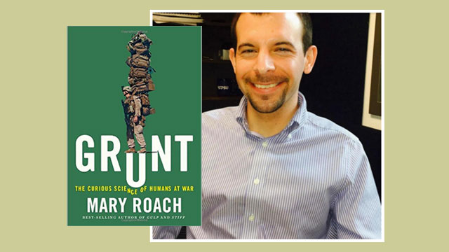 cover of Grunt by Mary Roach with photo of book reviewer