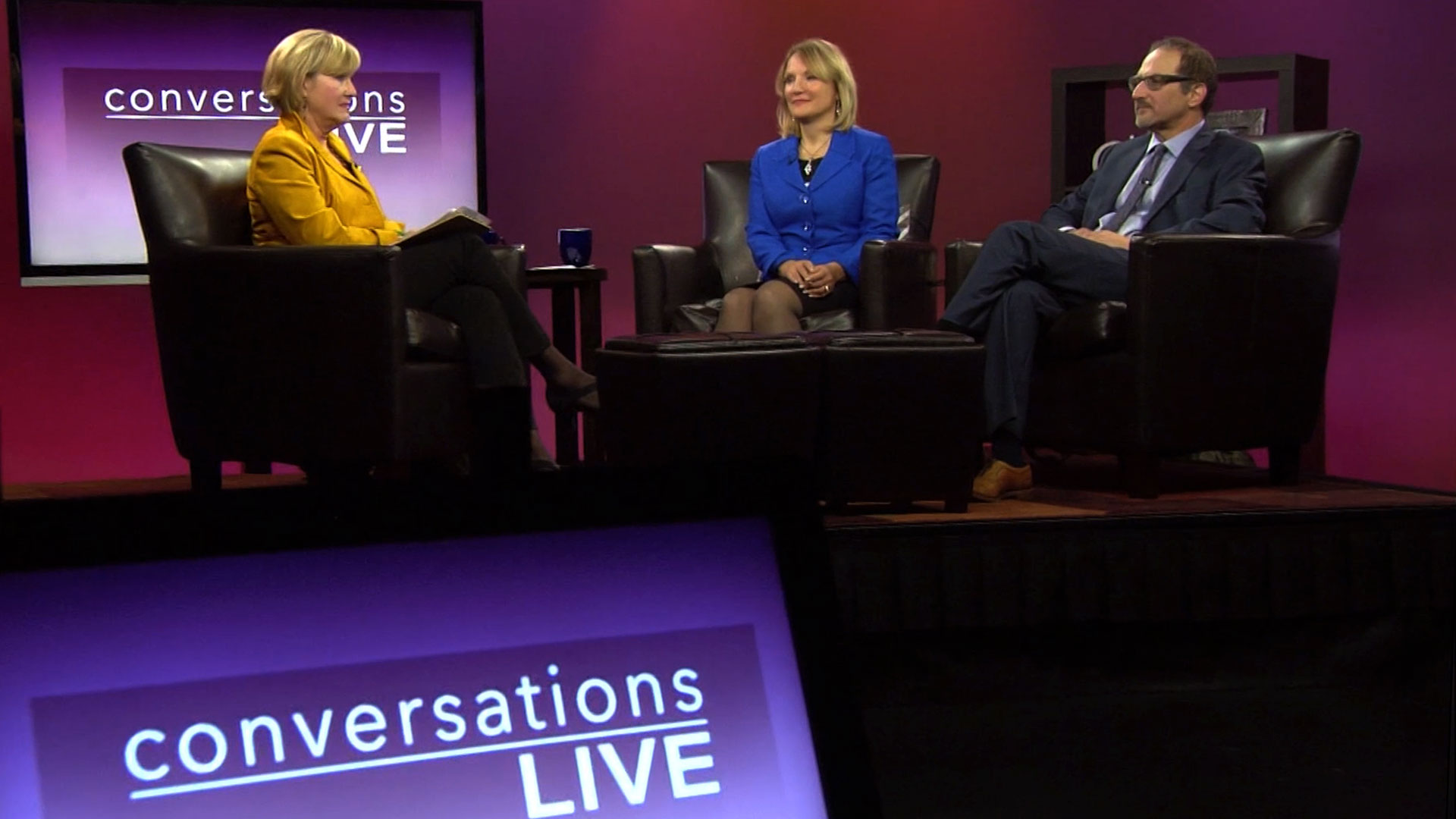 Host Patty Satalia and guests on the set of Conversations Live