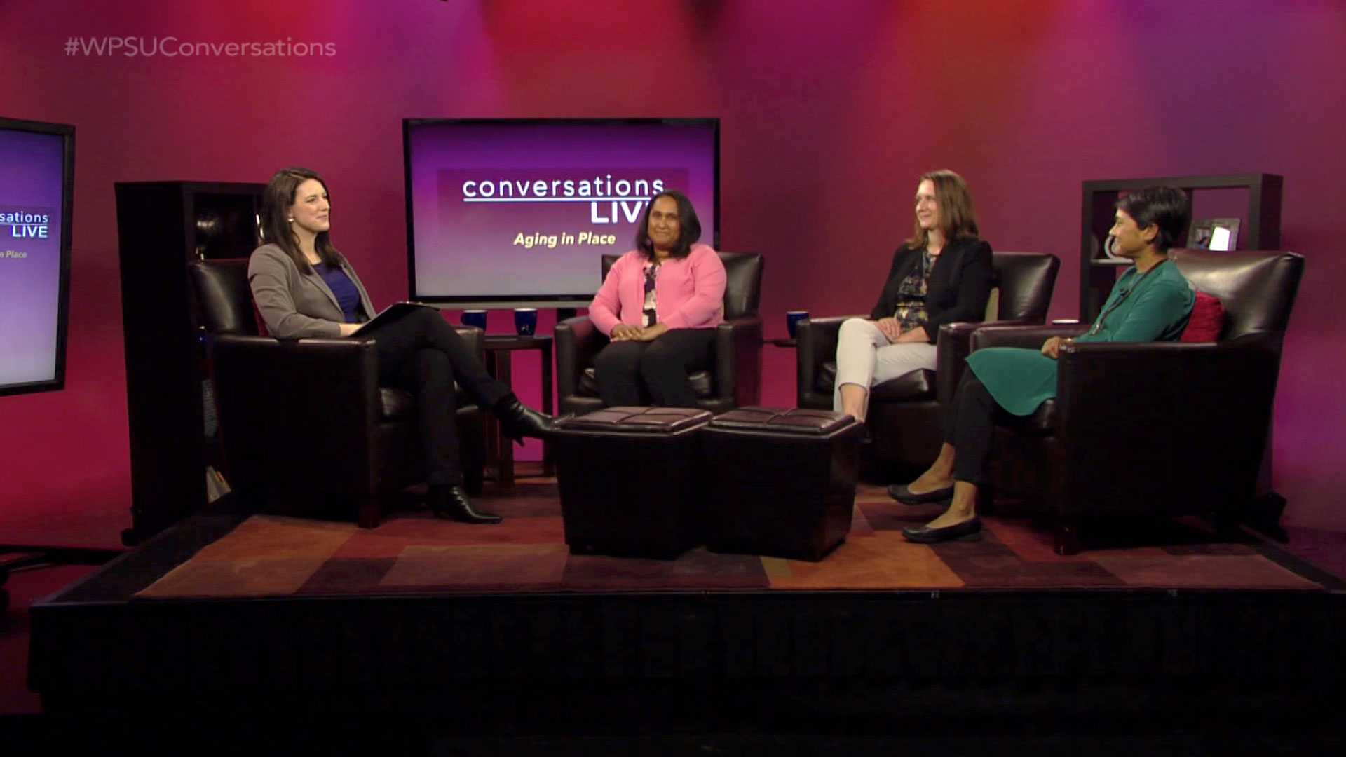Host Lindsey Fenton and guests on the set of Conversations Live