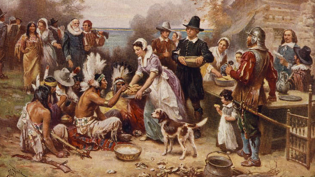 painting of native americans and colonists at first thanksgiving