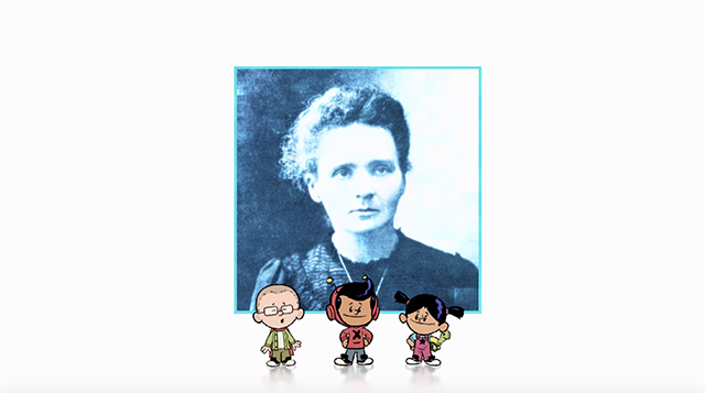 xavier riddle characters and a picture of marie curie