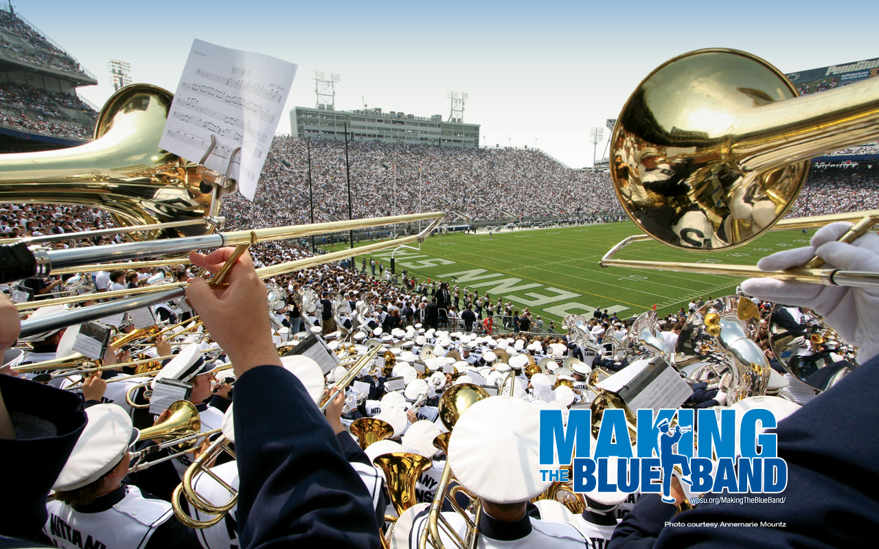 Making the Blue Band title card, view of Blue Band member performing from the stands in Beaver Stadium
