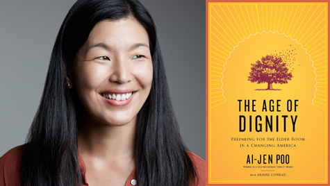 Photo of Ai Jen Poo next to image of book cover, The Age of Dignity