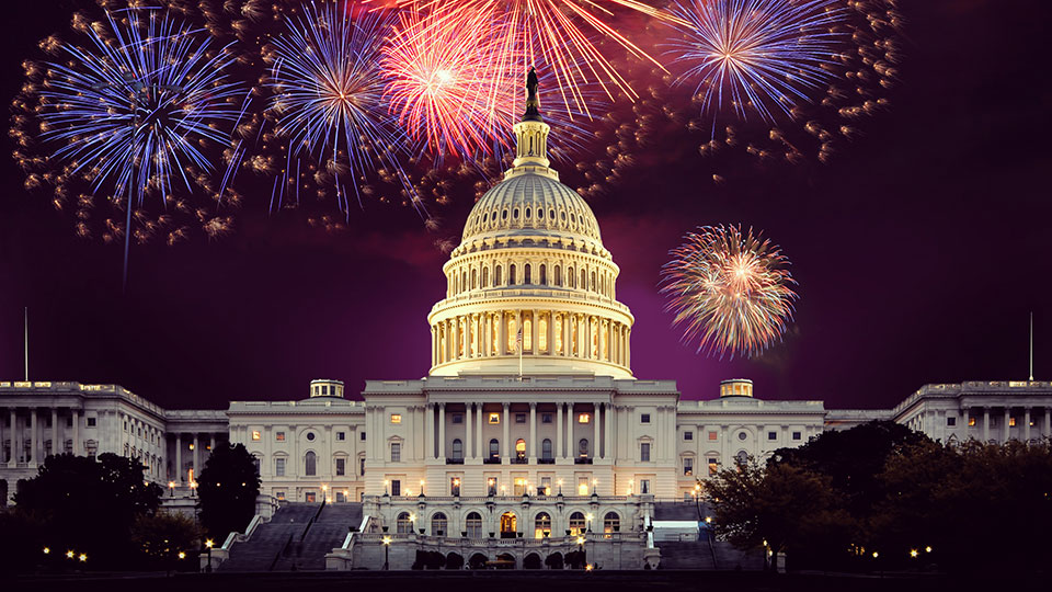 Photo of fireworks above the capitol building in Washington DC
