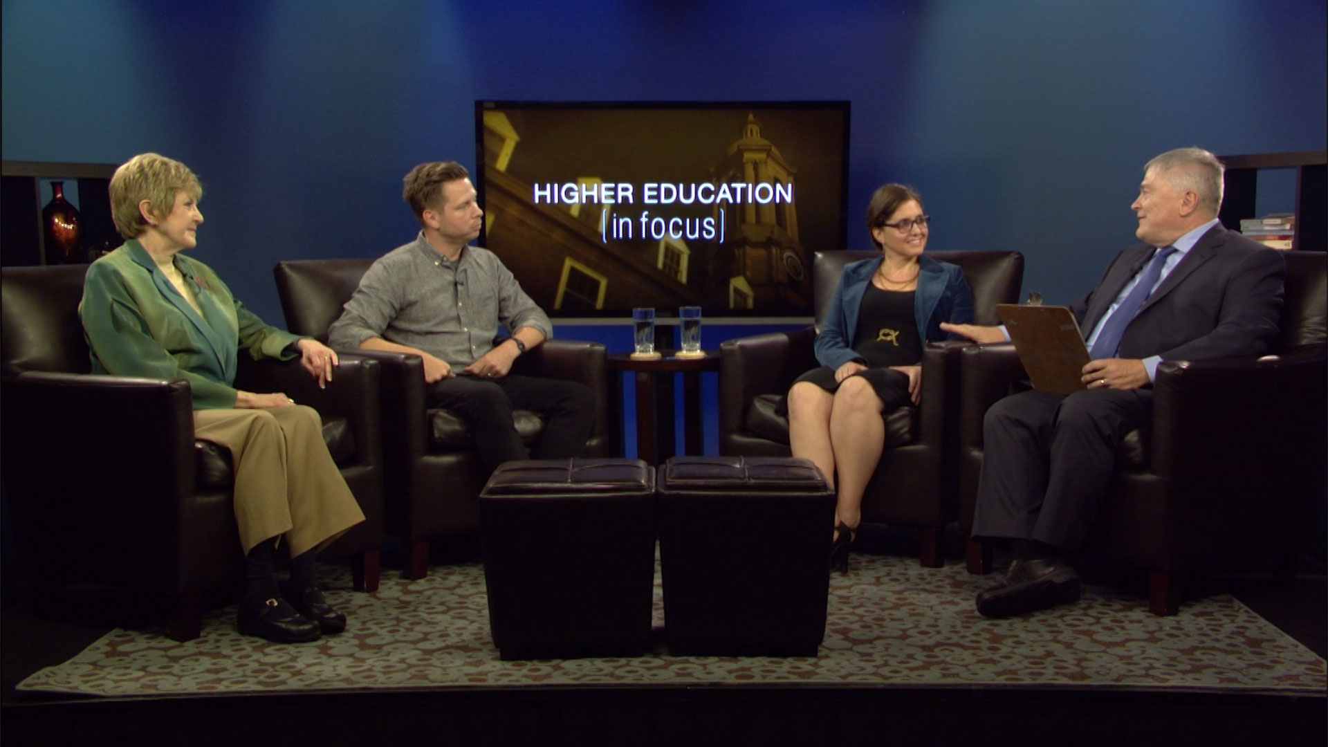 Penn State President Eric Barron and guests on the set of Higher Education in Focus
