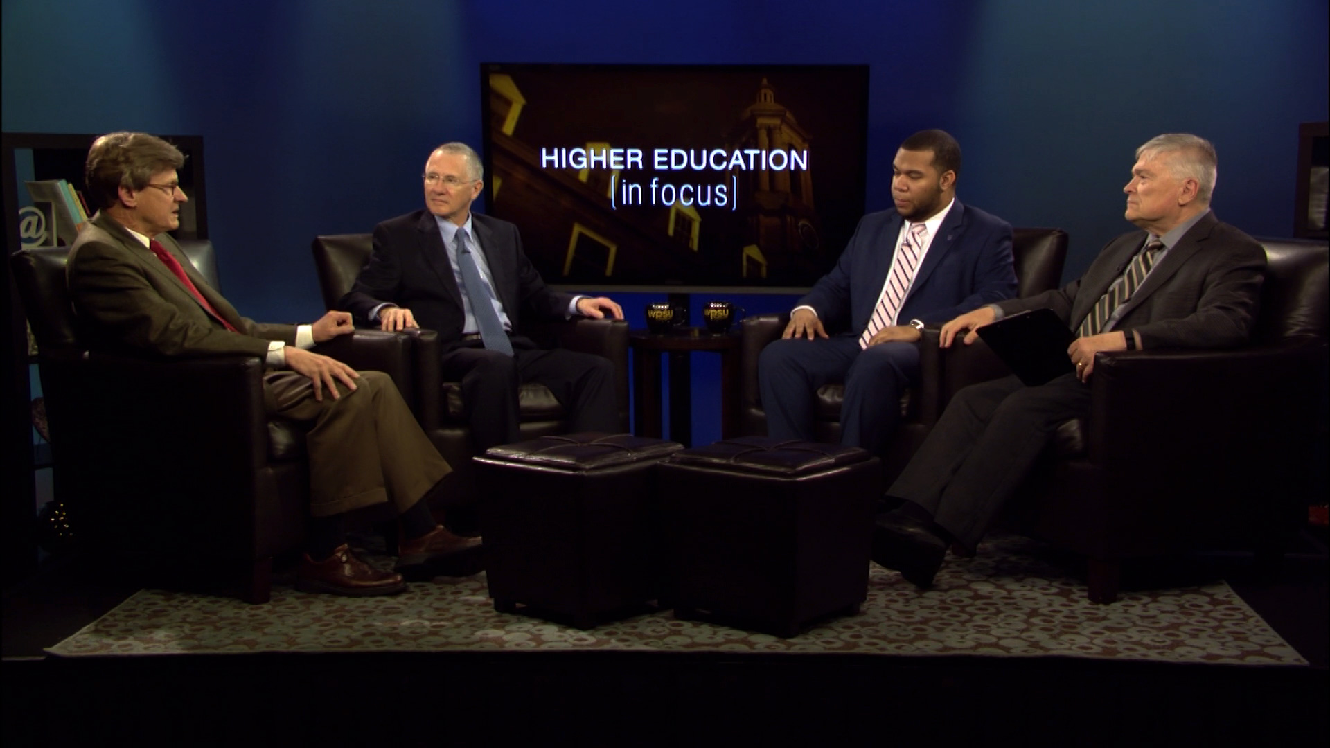 Penn State President Eric Barron and guests on the set of higher education in focus