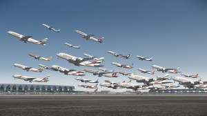 GFX image of planes taking off from Dubai International Airport.