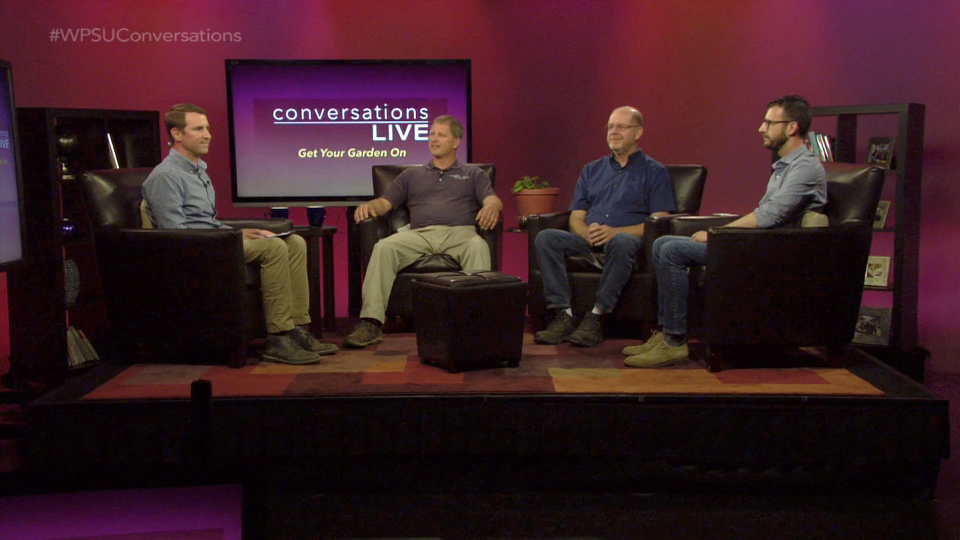 Host Bill Hallman and guests on the set of Conversations Live