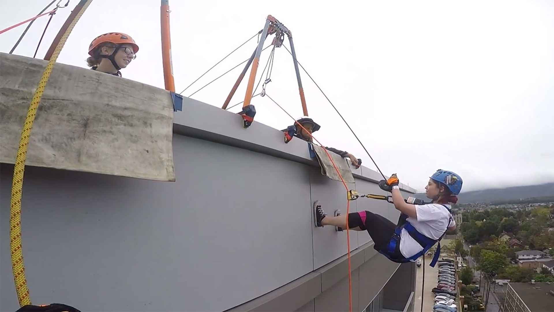 rappelling of a building
