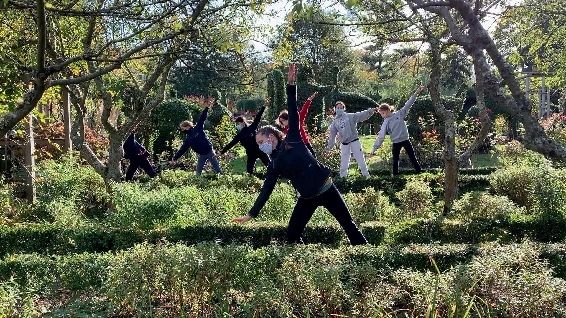 Troupe of dancers practicing in a garden