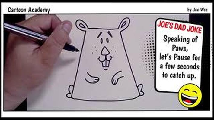 A hand drawing a cartoon hamster with a joke next to it