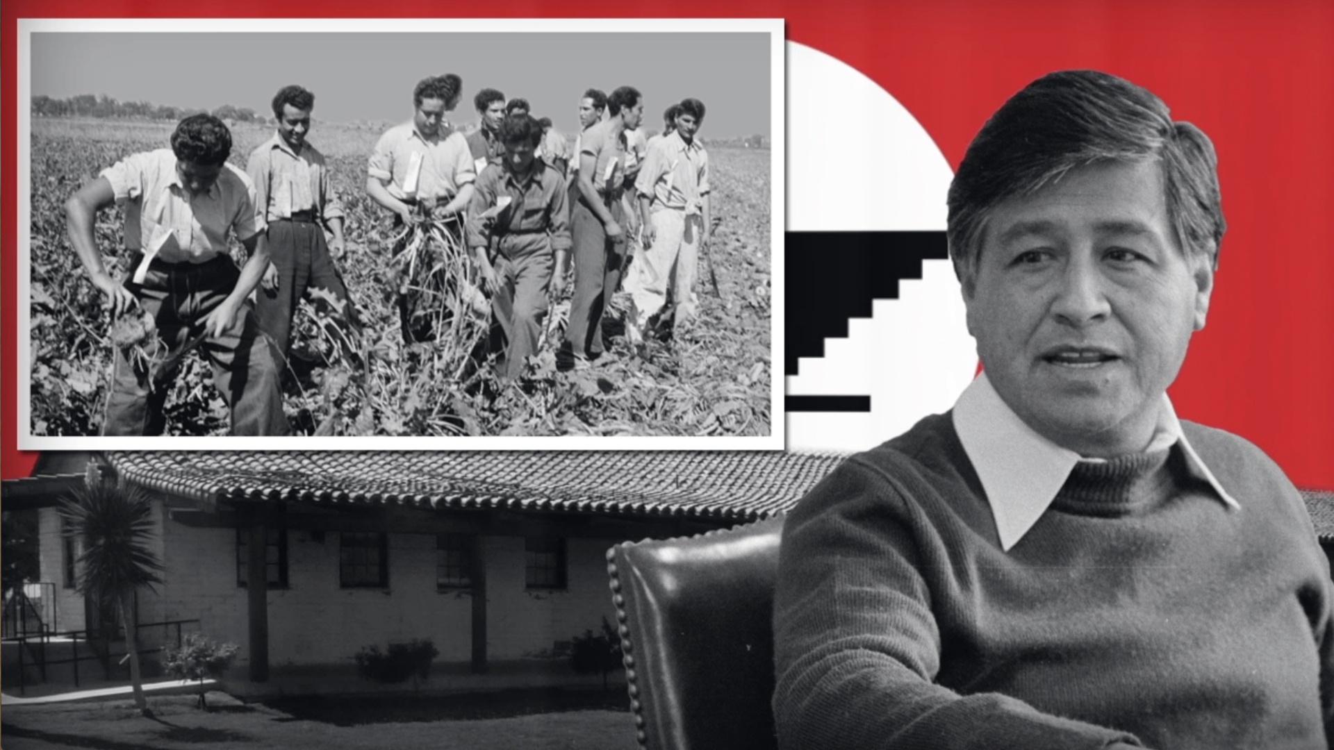 An image of Cesar Chavez next to a photo of farm laborers