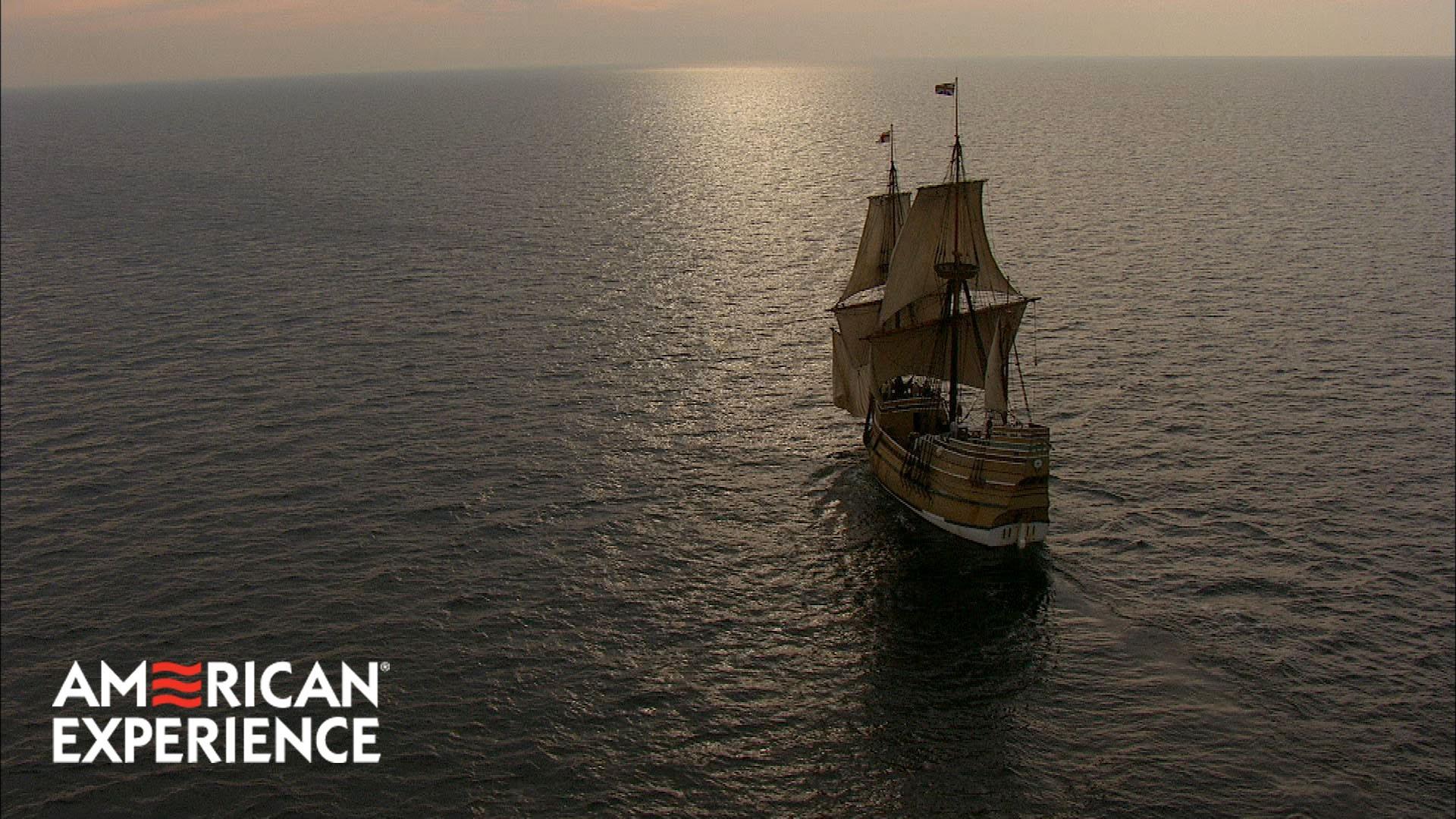 The Mayflower sailing ship on the ocean