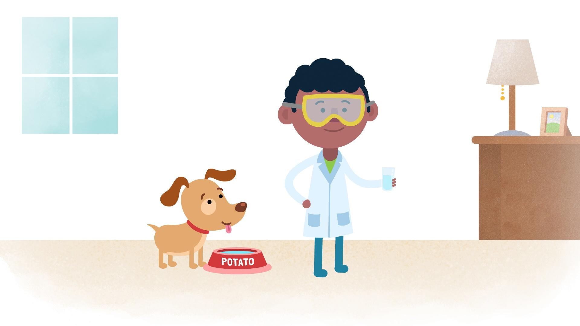 Boy dressed as scientist with dog