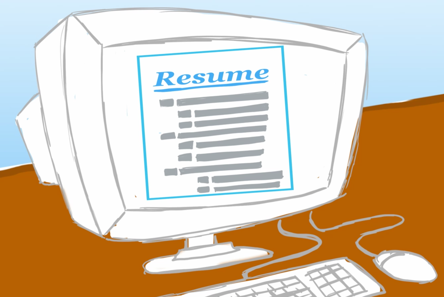 Cartoon image of a computer with a resume on the screen