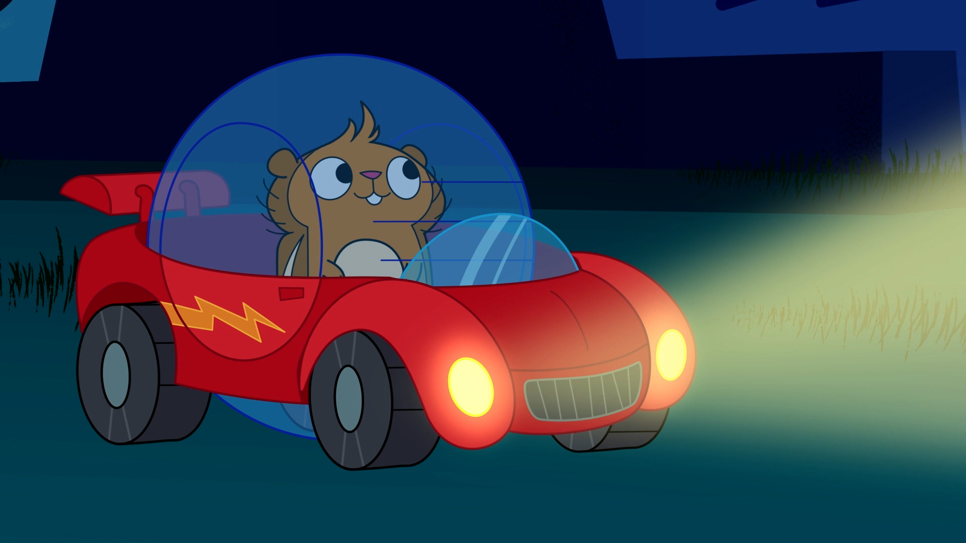 A cartoon hamster in a car with the headlights on.