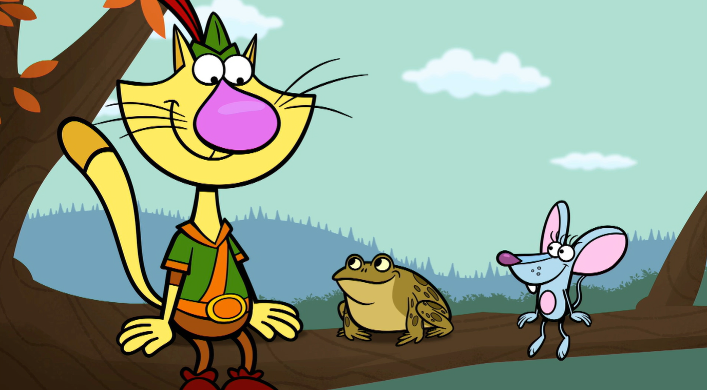 A cartoon cat, frog, and rat sitting on a tree branch.