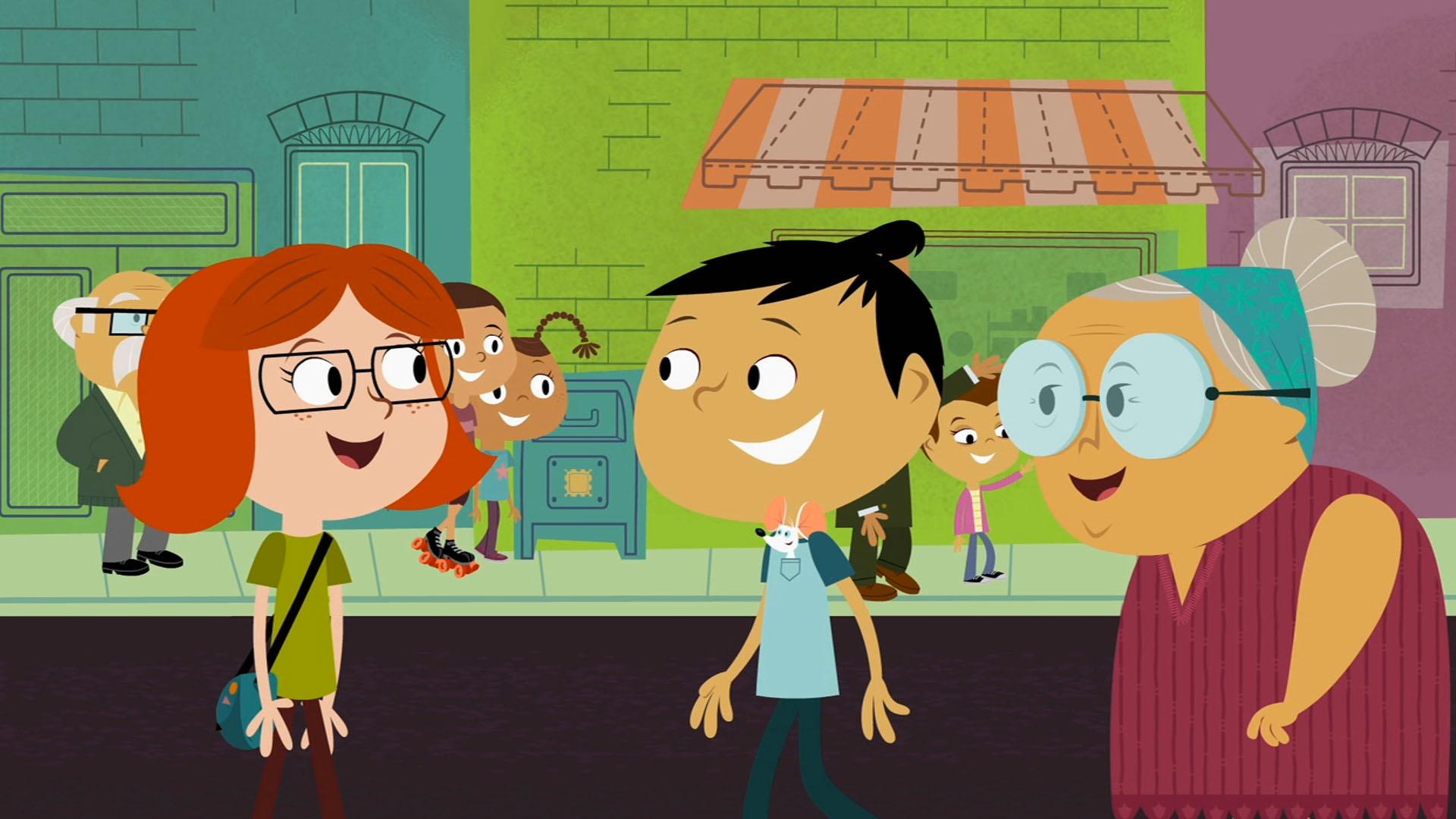 A cartoon older woman, girl, and boy with a mouse in his pocket.