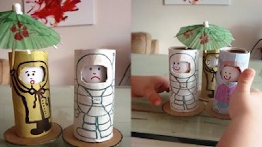 Four paper roll dolls that change faces.