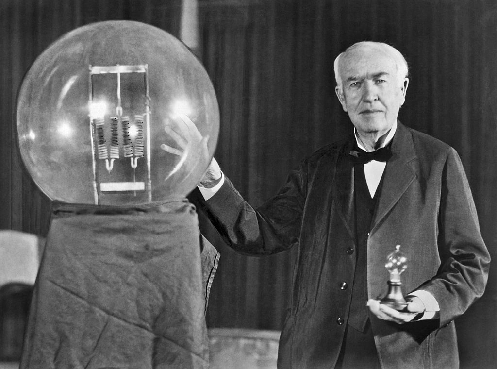 A black and white photo of Thomas Edison