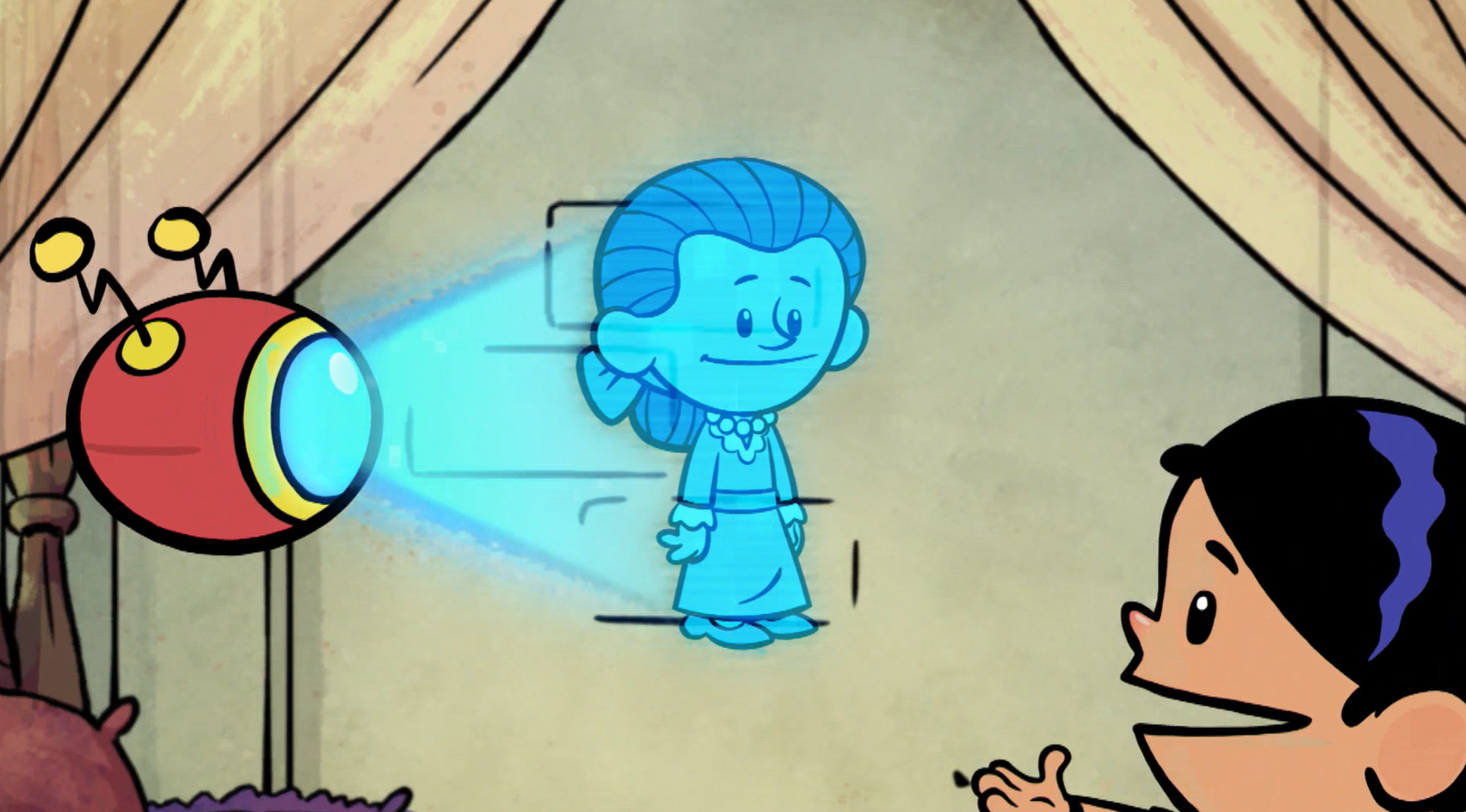 A cartoon girl talking to a hologram of a woman