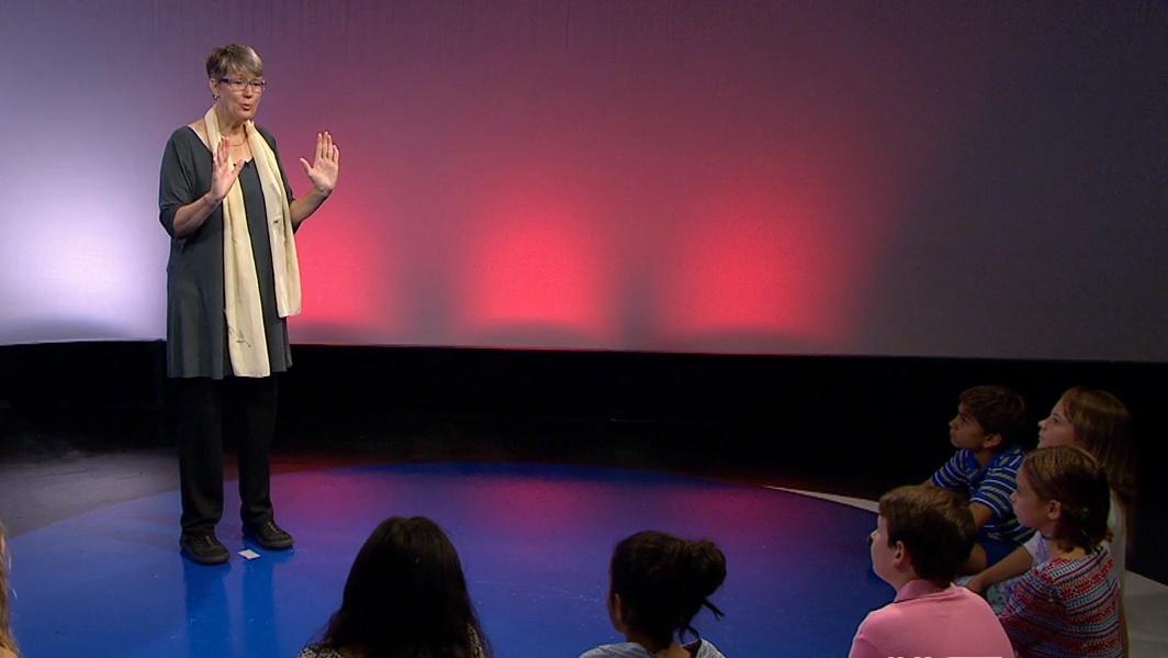 A woman with hands raised presenting to sitting children