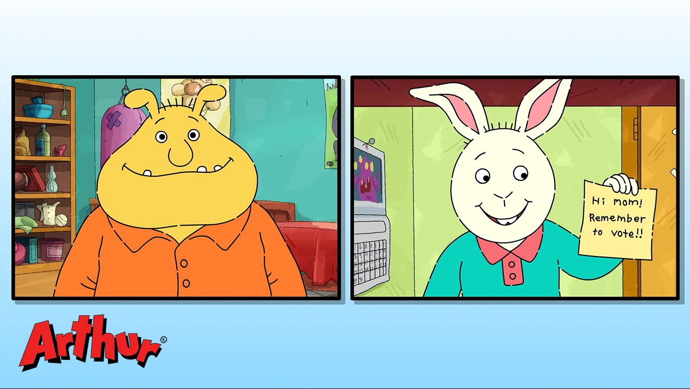 Two characters from Arthur talking about voting