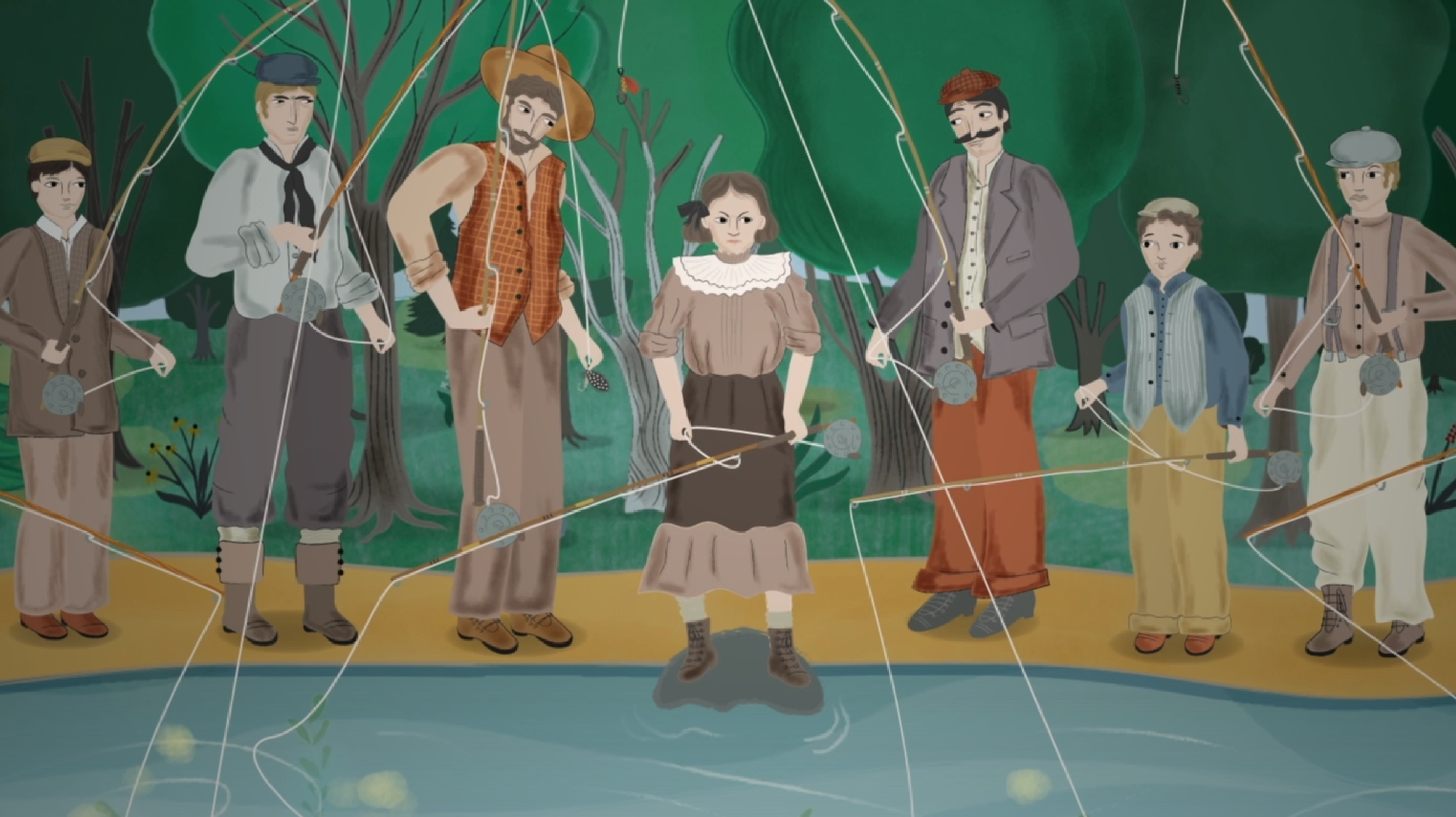 A cartoon of several people fly fishing