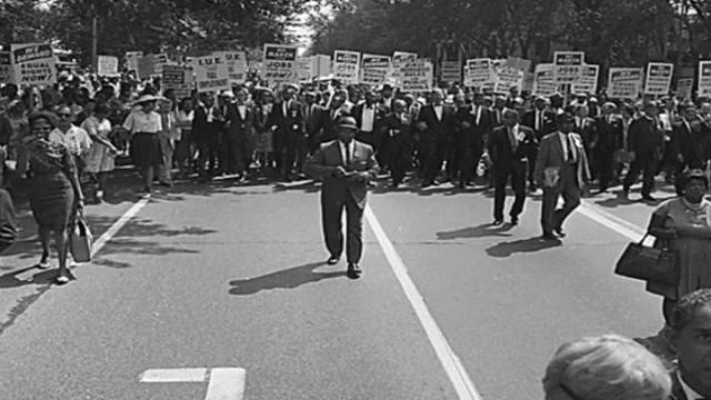 A black-and-white image of the Civil Rights march in Frankfort, Kentucky.
