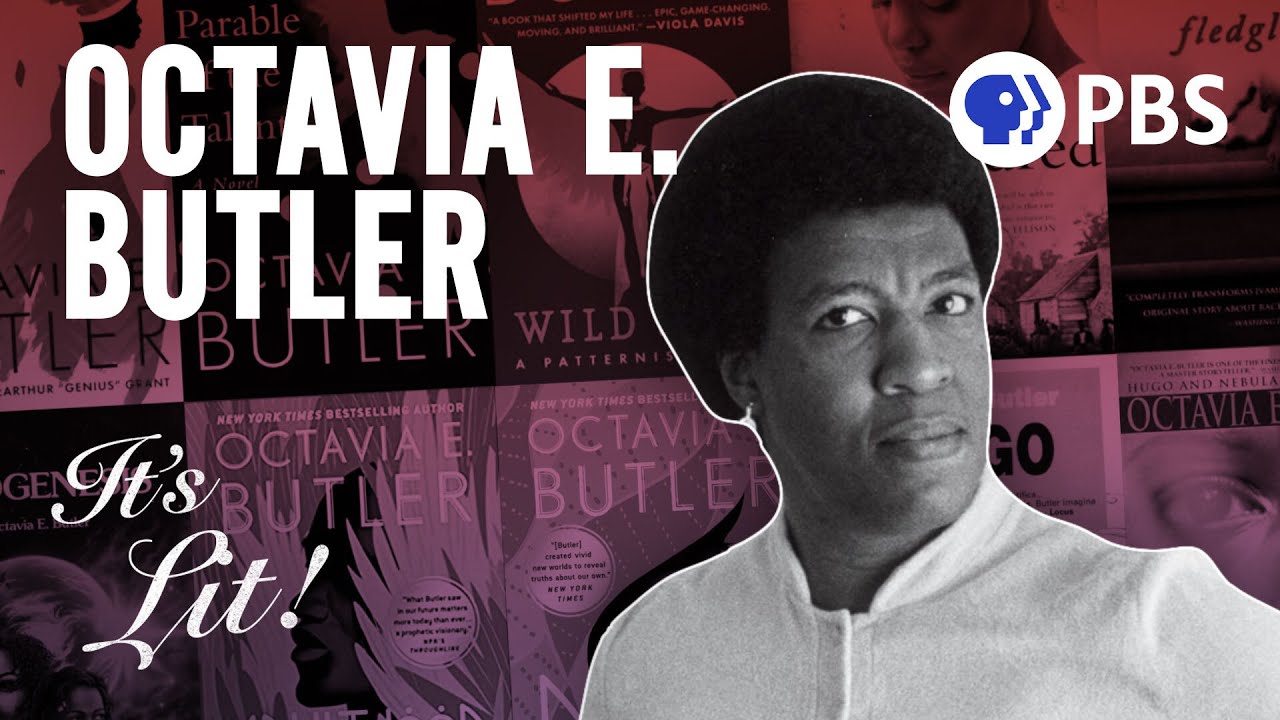 A snip of Octavia Butler overlayed on images of her books.
