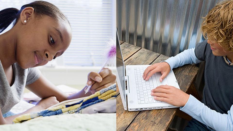 Two images of a boy and a girl writing on a laptop and in a notebook.