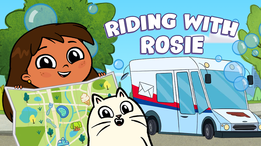 A cartoon girl with a cat and a map in front of a mail truck.