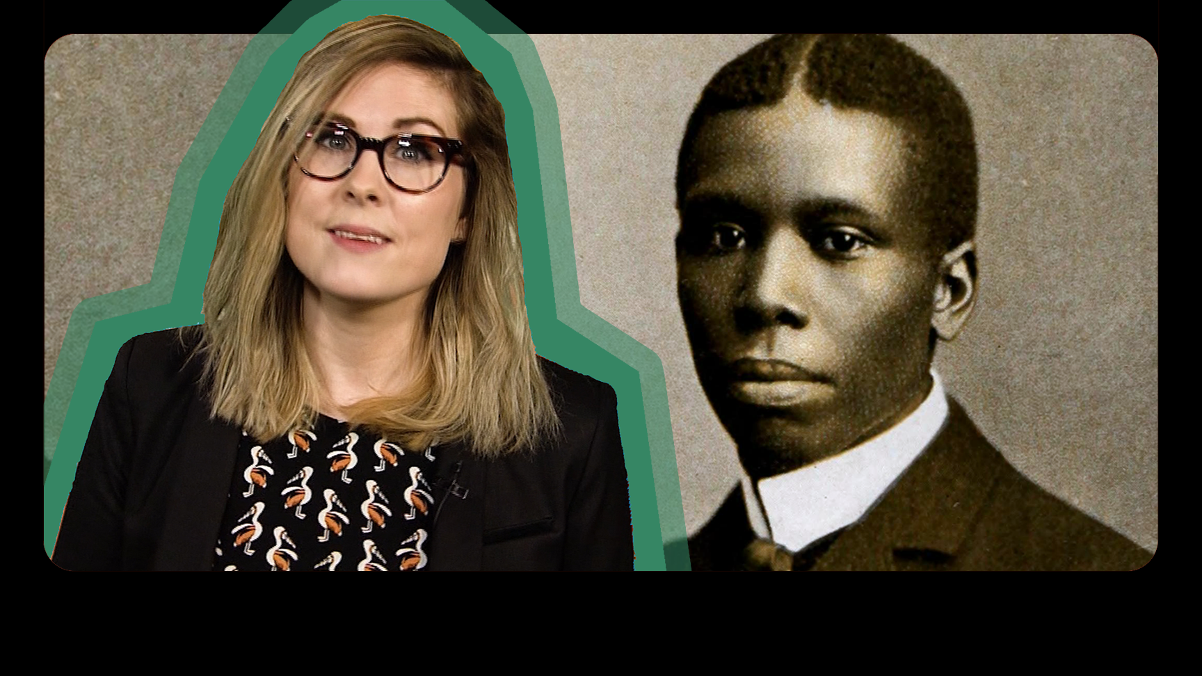 Two snips of a white woman next to Paul Laurence Dunbar, a black man.