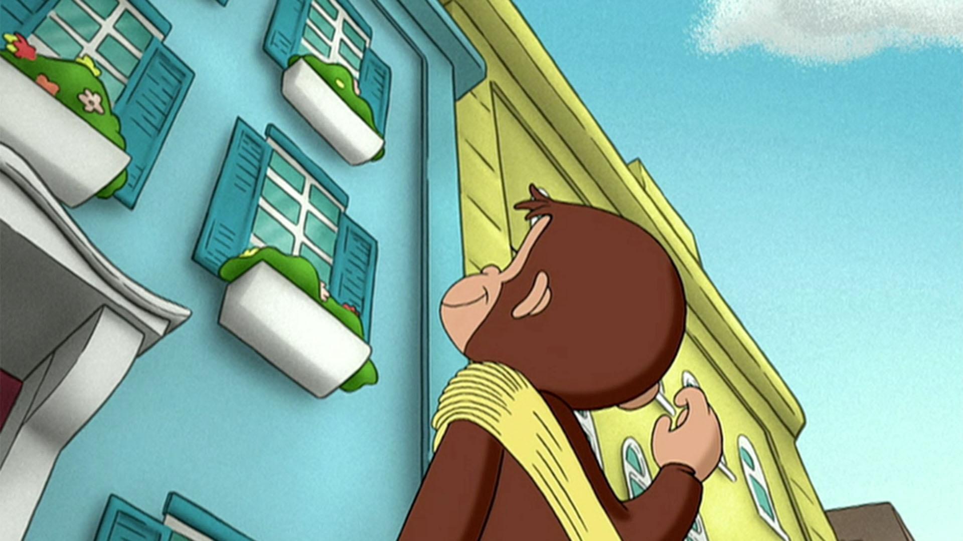 A clip of Curious George looking up at a building.