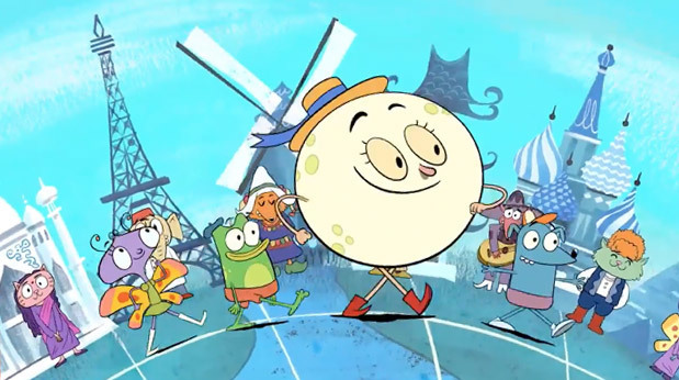 A cartoon moon walking with several cartoon animal characters.