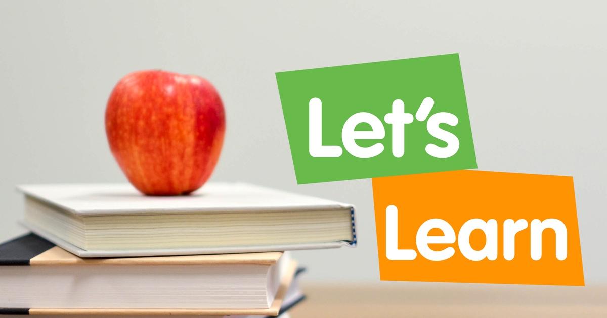A red apple on books with the graphic "let's learn."