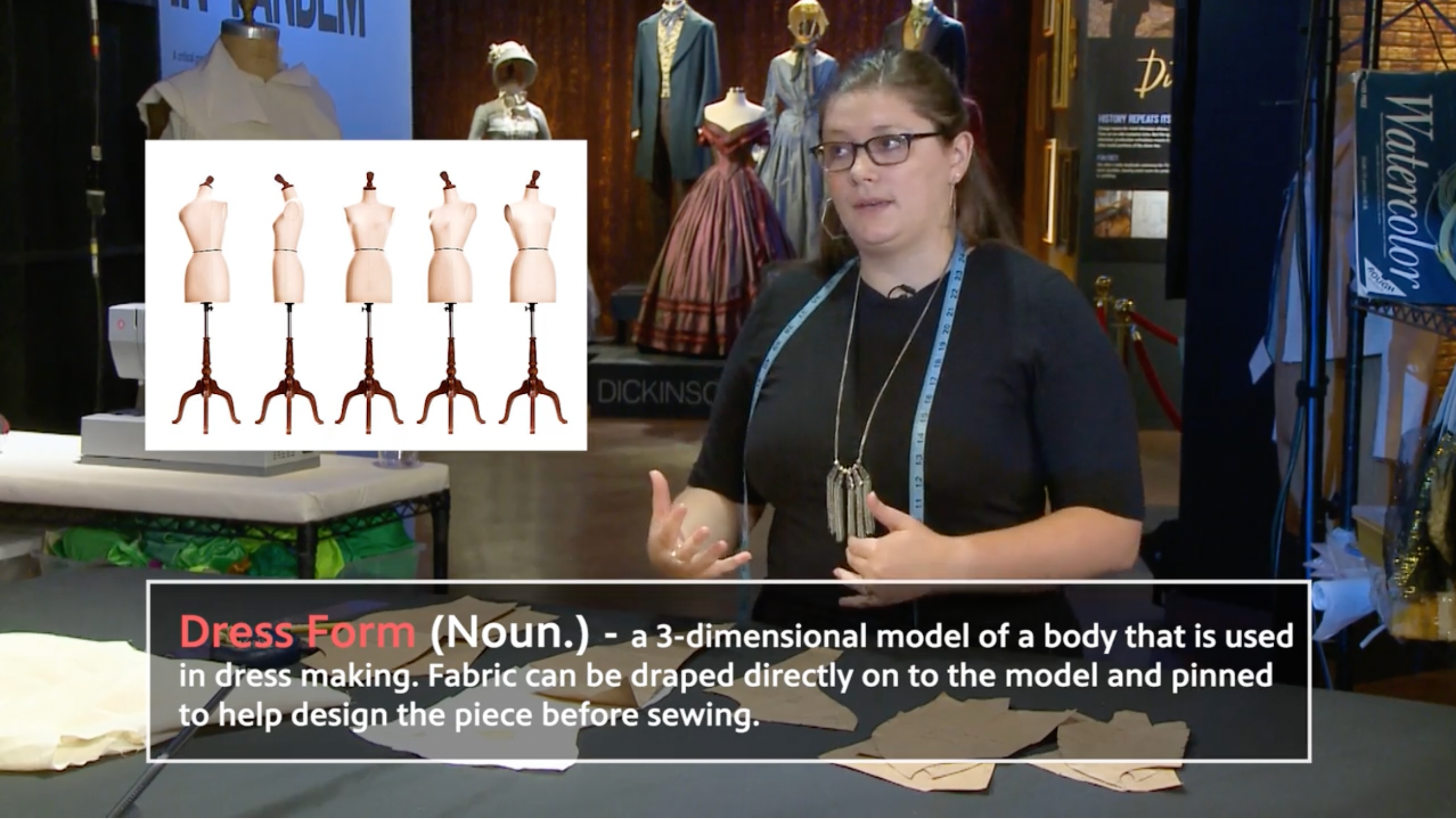 A woman explaining math in costume making.