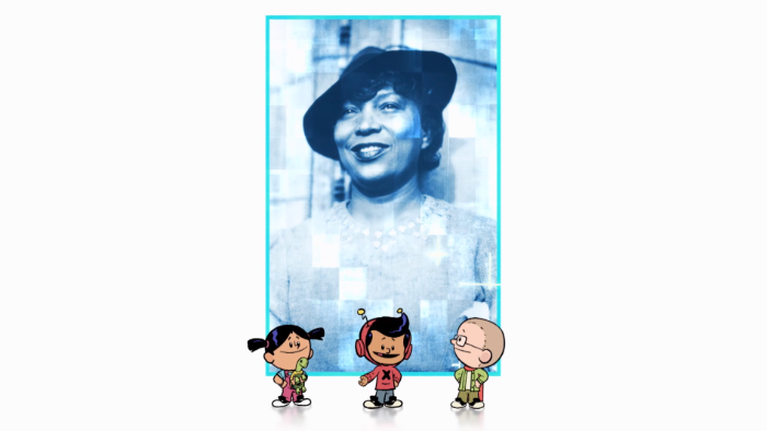 Three cartoon characters stand in front of a picture of Zora Neale Hurston.