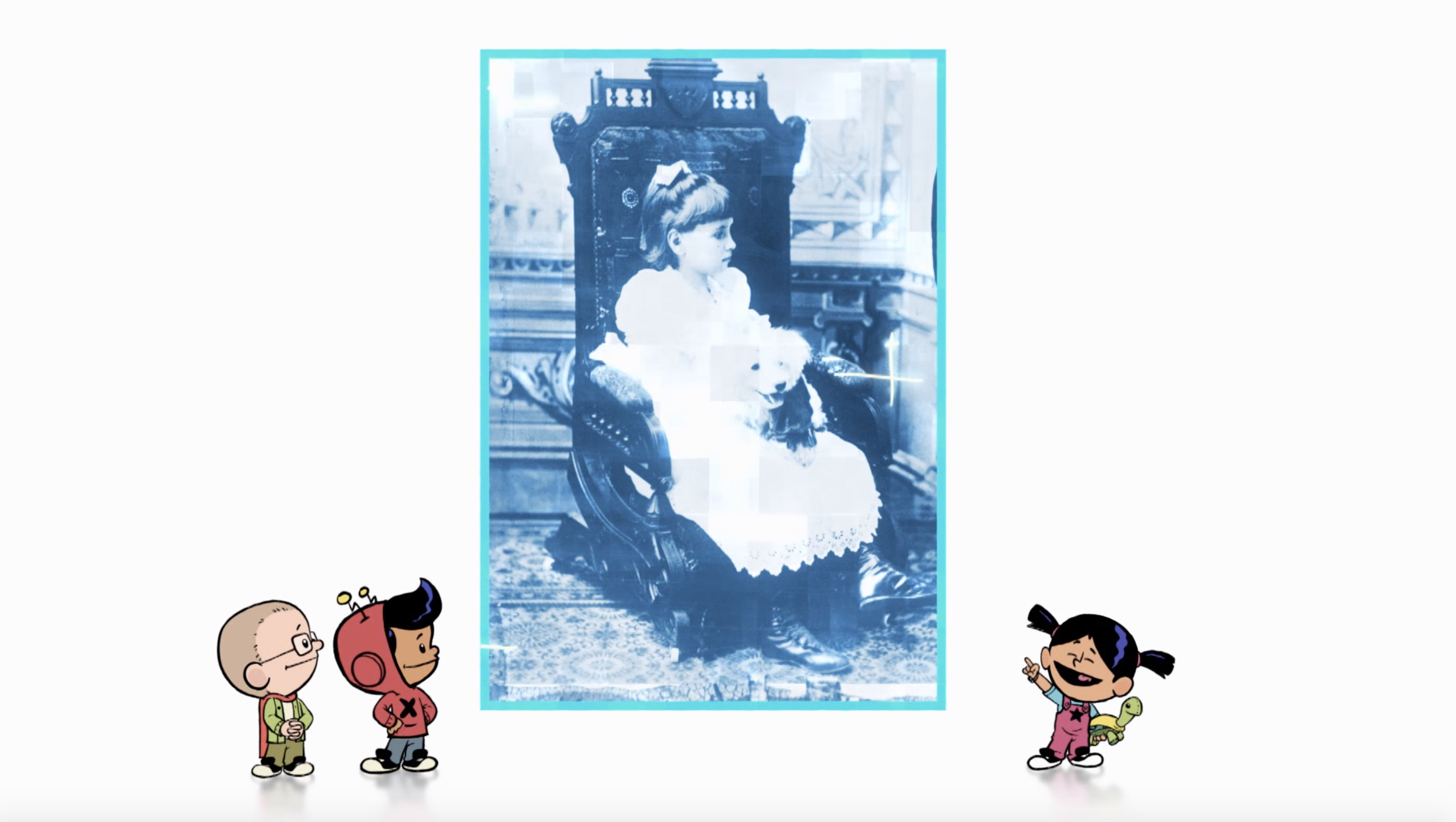 Three cartoon characters stand in front of a picture of Helen Keller.