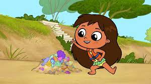 A cartoon girl on the beach collecting seashells.
