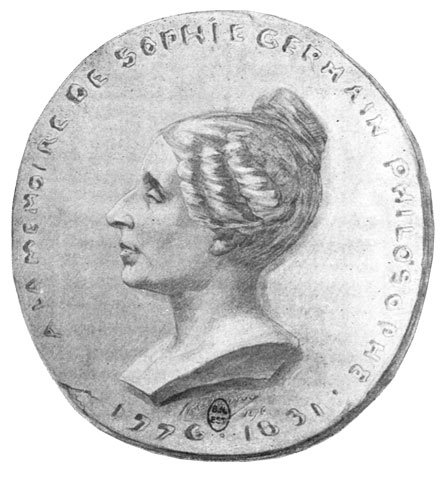A drawing of Sophie Germain on a coin.