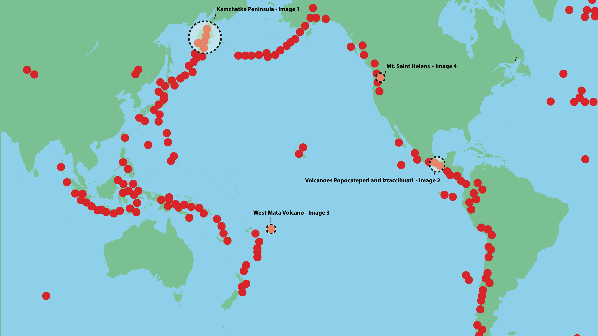 A map of the Pacific Ocean with red dots for volcanoes.