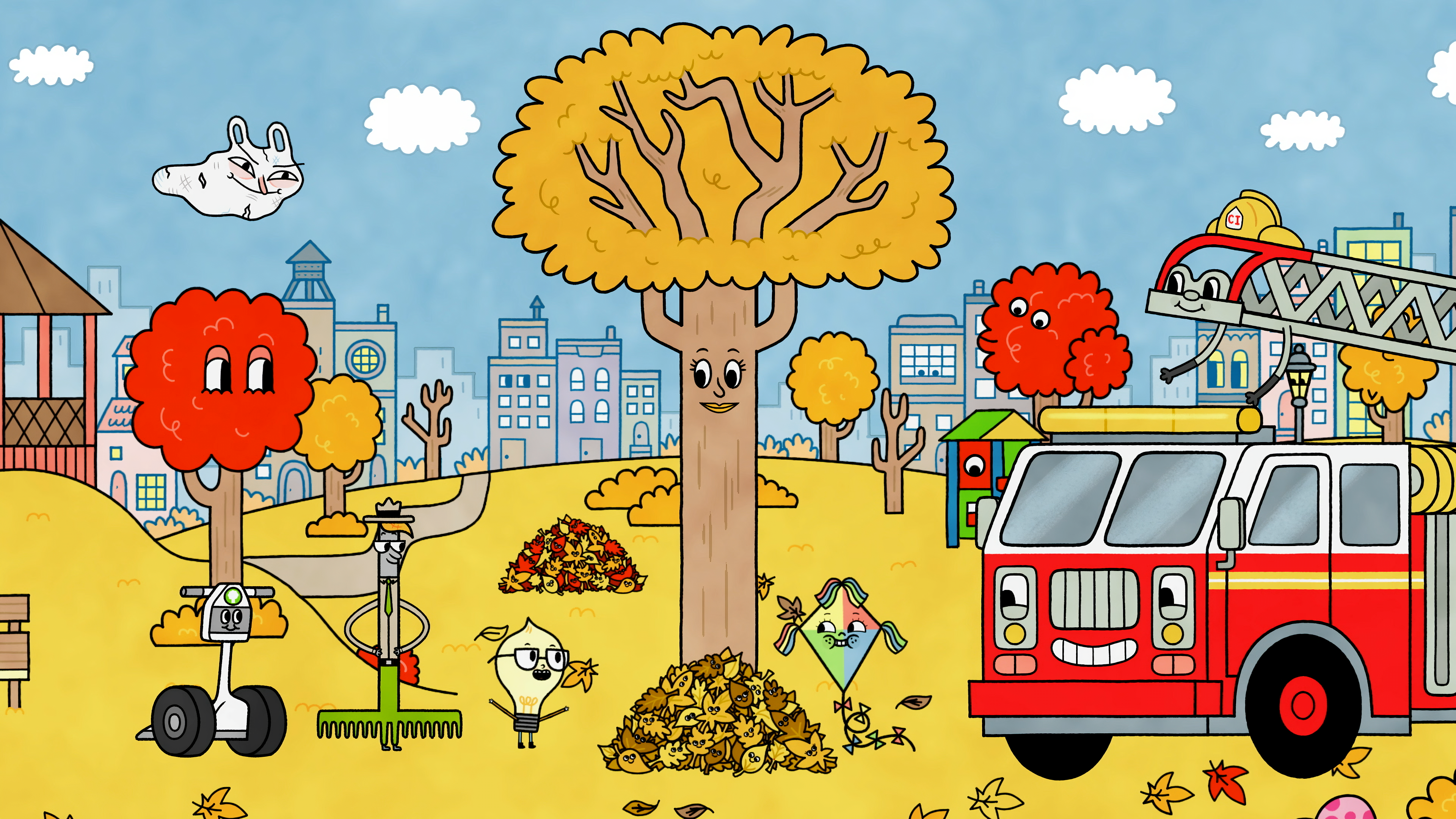 Cartoon characters stand around a tree.