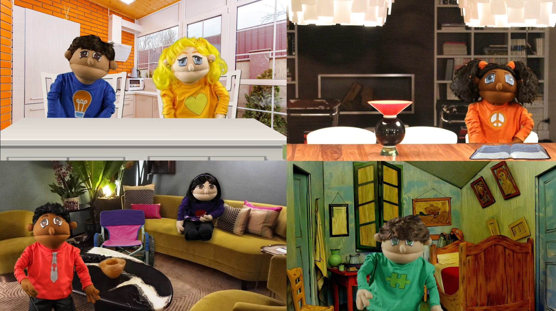 Four images of puppets in different locations.