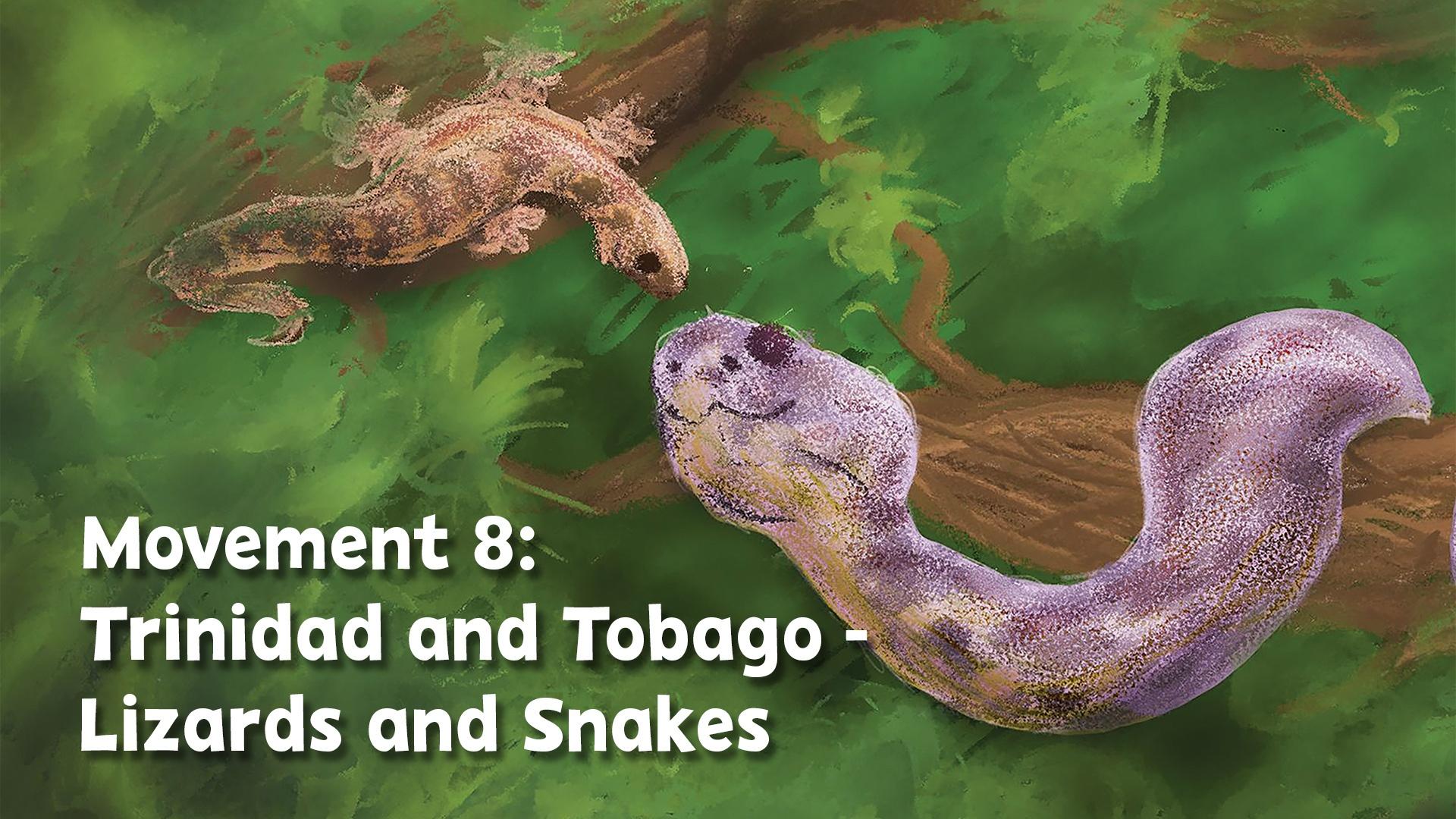 A drawing of a snake and a lizard on tree branches.