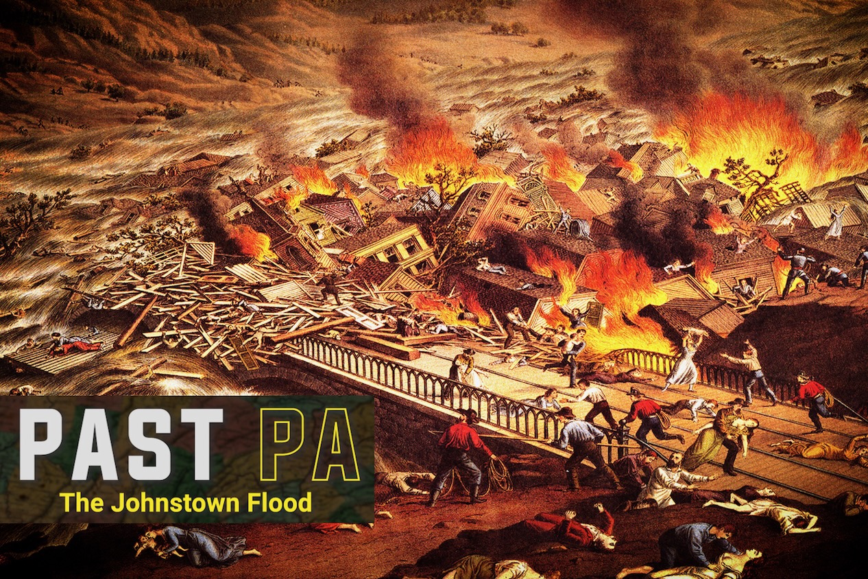 A painting of fires and wreckage caused by the Johnstown Flood of 1889.