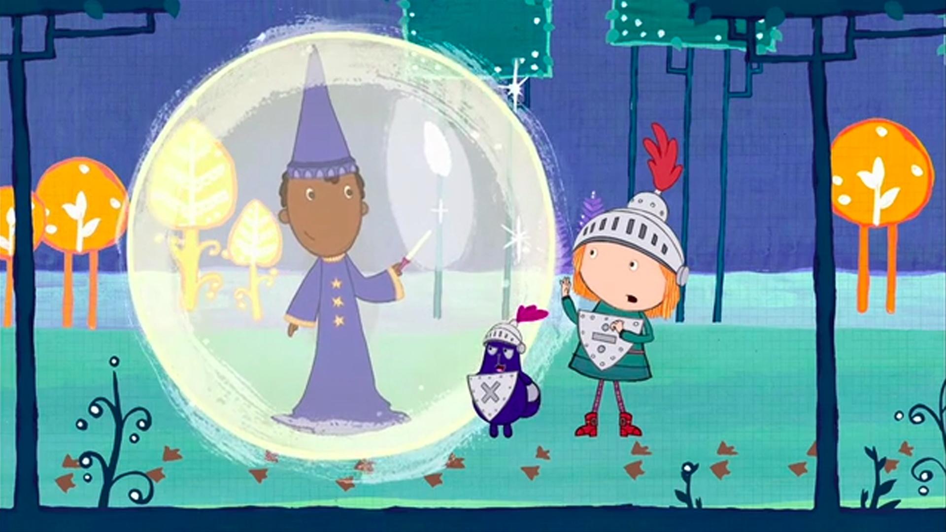 A cartoon drawing of a girl and cat dressed as knights and a boy dressed as a wizard.