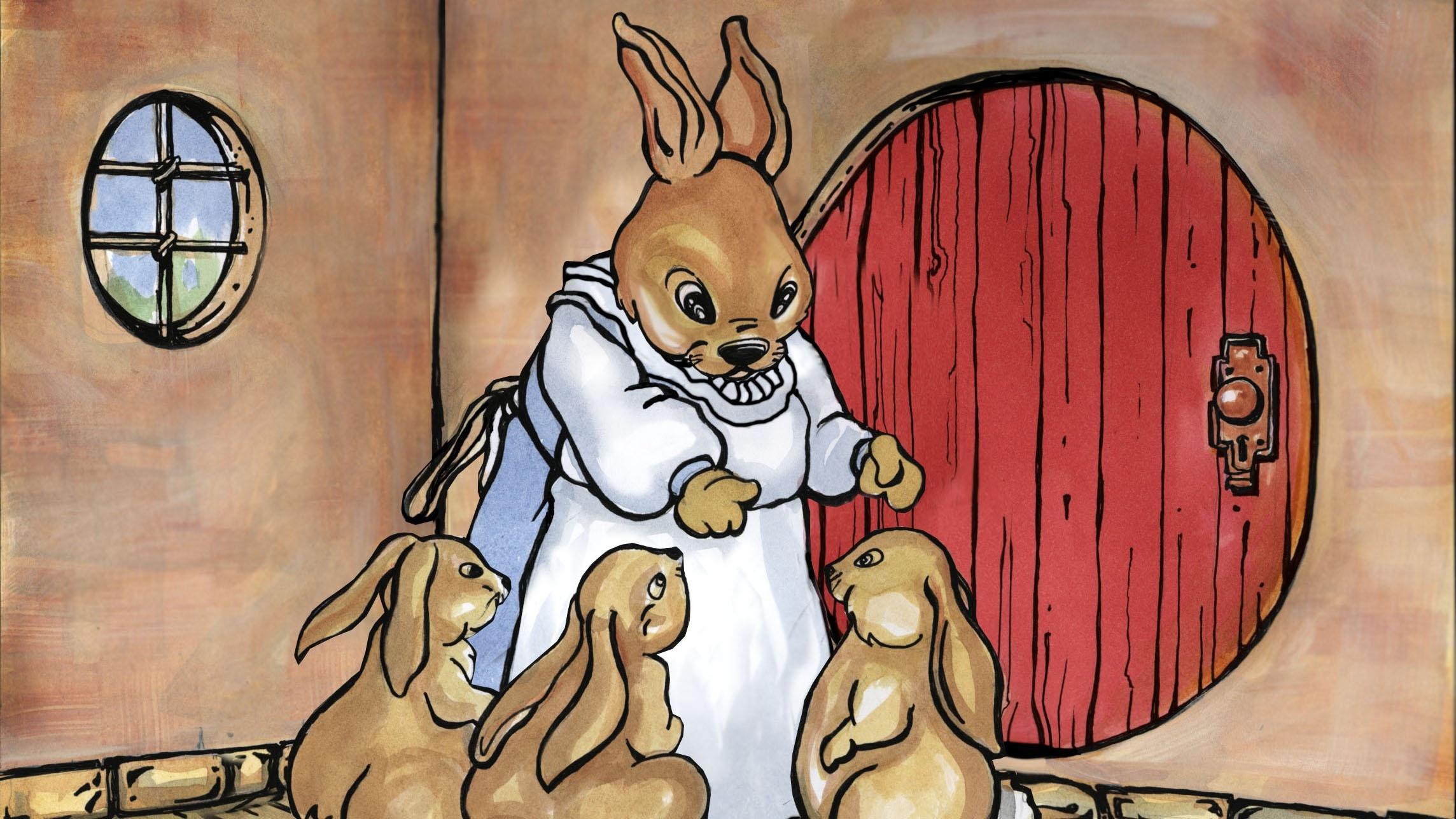 A cartoon rabbit mother stands over three small rabbit children in front of a red door.