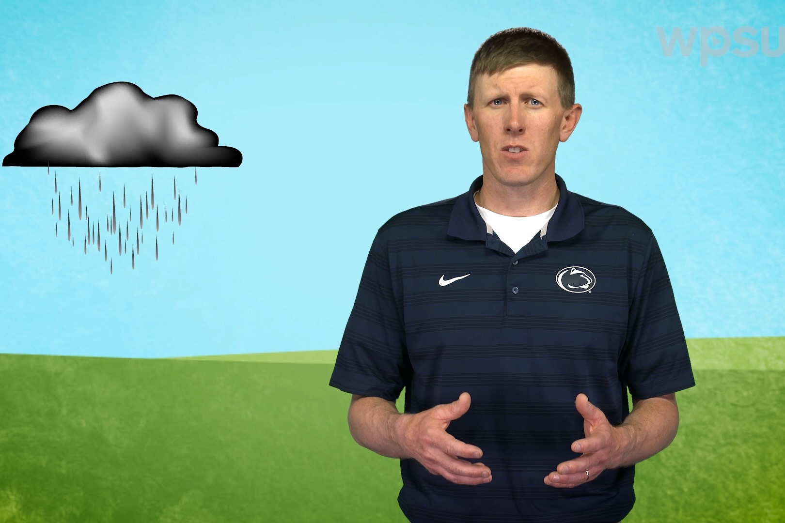 A rain cloud above a green lawn, with a man in the foreground explaining lawn irrigation.